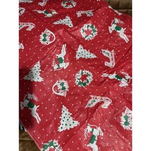 Vintage Christmas Square Tablecloth Wreath Sleigh Reindeer 48x48 Vinyl